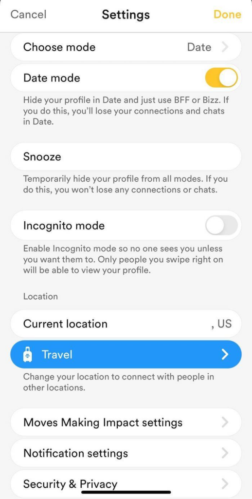 Bumble Travel Mode