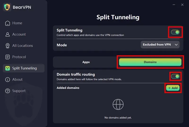 Configuring Domain Split Tunneling in BearVPN to route specific streaming websites.