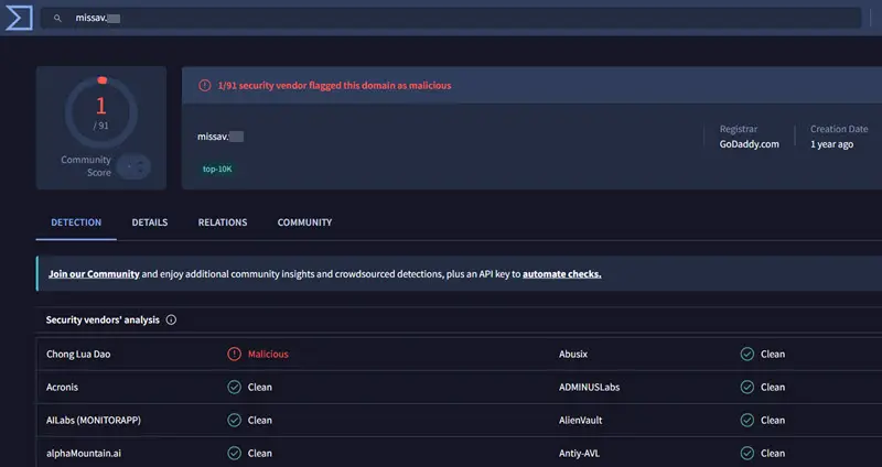 VirusTotal malware detection scan results for MissAV domains