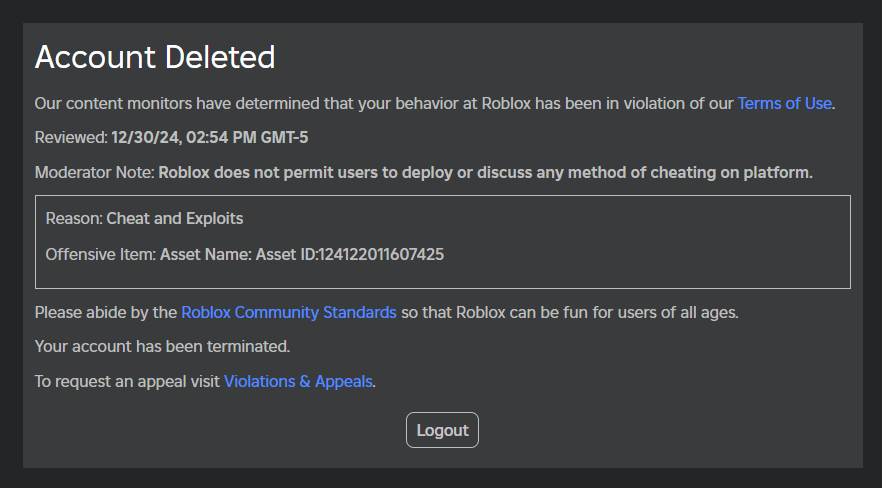 Roblox Account Appeal Message