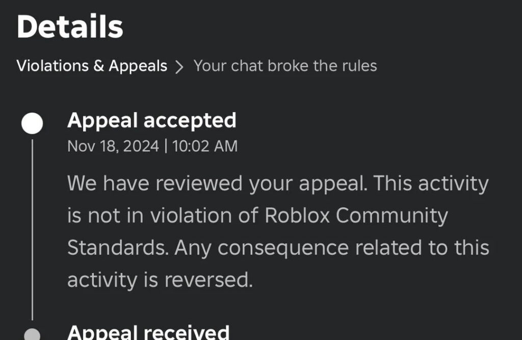 Roblox Appeal information