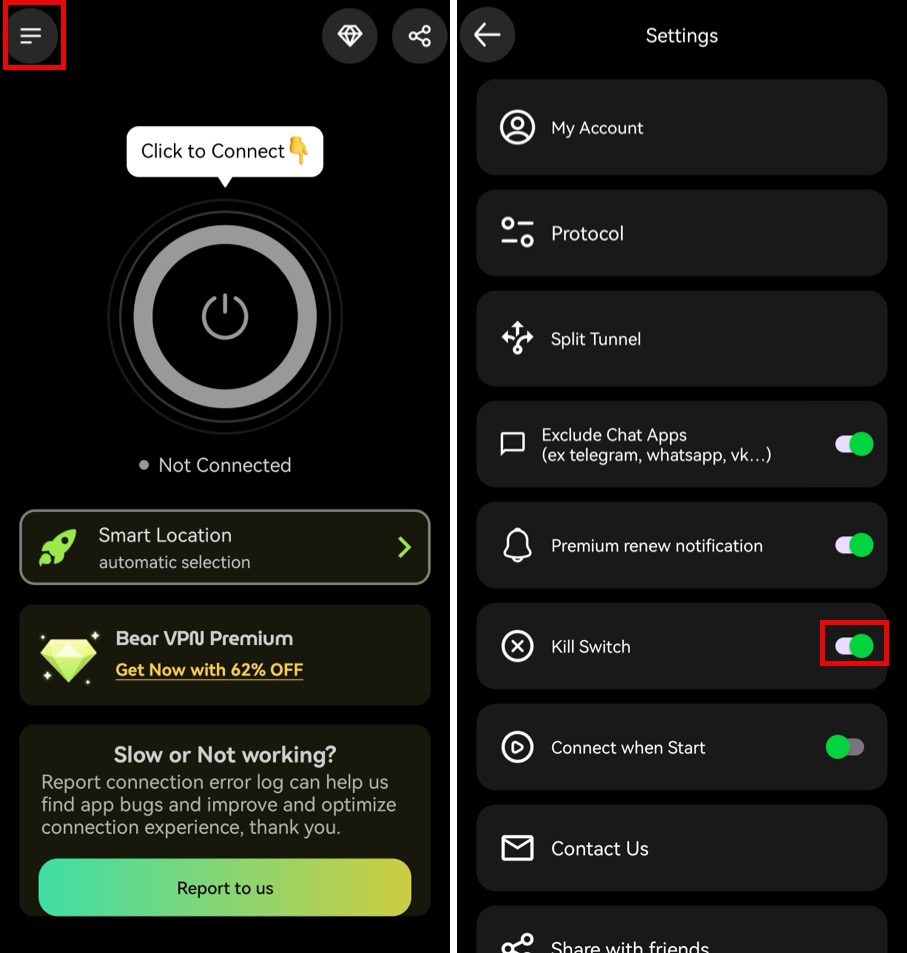 BearVPN Android settings dashboard showing the Kill Switch feature toggled on for maximum privacy