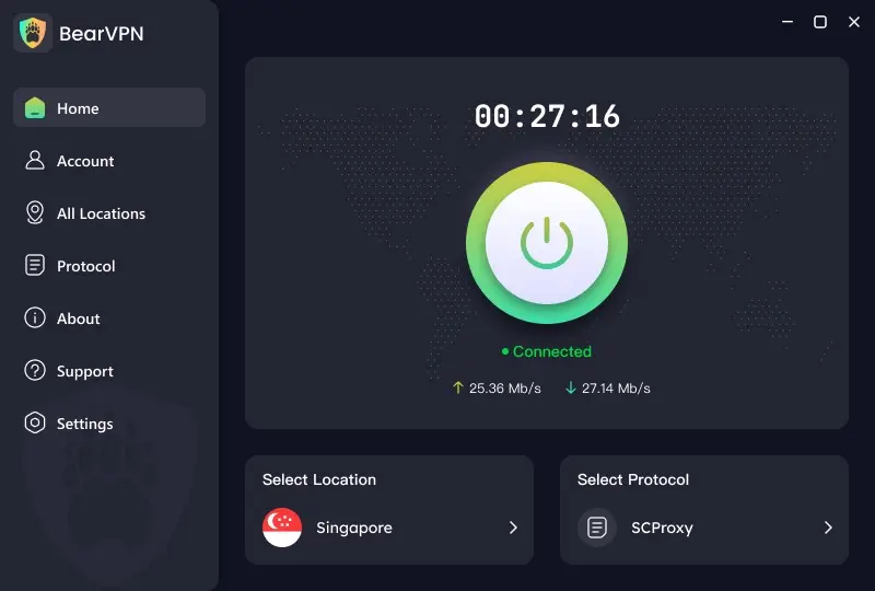 BearVPN main dashboard displaying a successful anonymous connection to the Singapore server with the large active connection button