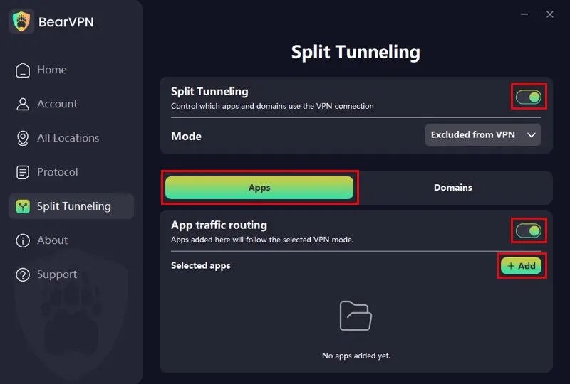 BearVPN split tunneling settings panel allowing users to select specific apps like Telegram for secure routing