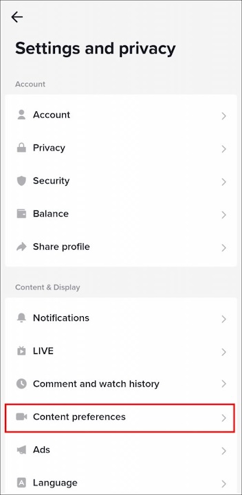 Look for Content preferences