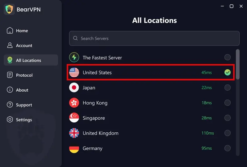 Selecting a US server in BearVPN to bypass geo-blocking and unblock restricted videos.
