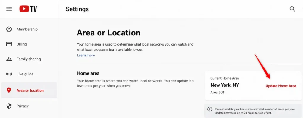 Update Home Area on YouTube TV