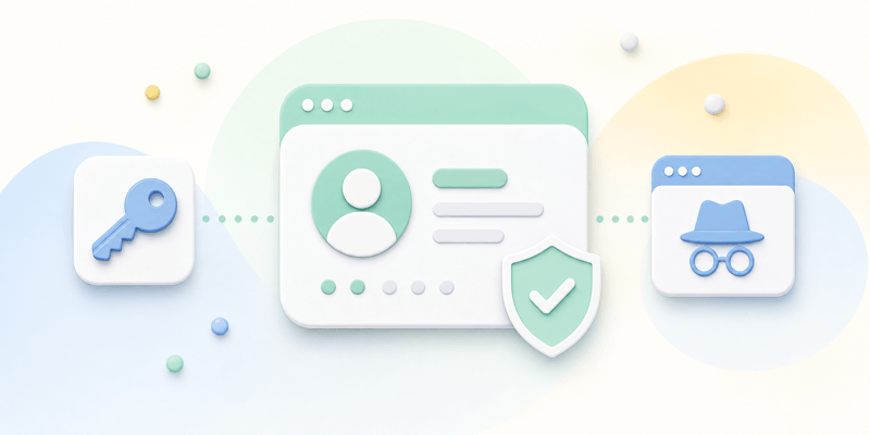 Separate browser profile, password key, and privacy shield illustrating reduced personal-data exposure.