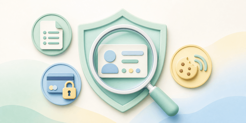 Identity card under a magnifying glass with privacy policy, payment security, and cookie icons.