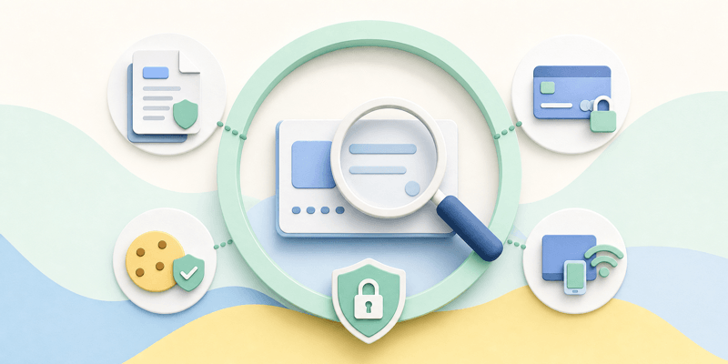 Identity card under a magnifying glass with privacy, payment, cookie, and device-security icons.