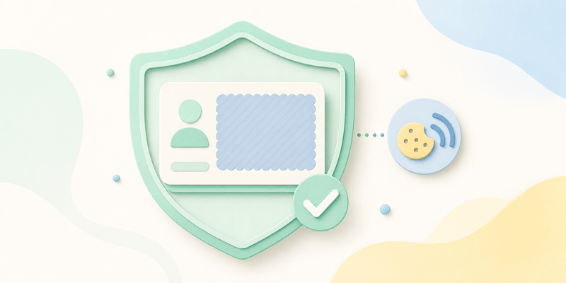 Protected identity card with masked details, verification checkmark, and cookie signal representing privacy limits.