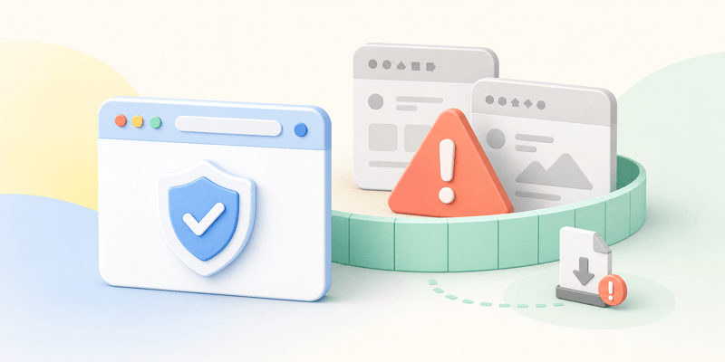 Protected browser window blocking suspicious websites and a risky download with a warning sign.