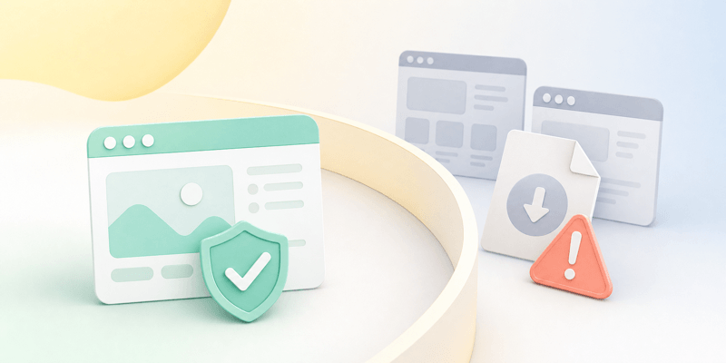 Official website card protected by a shield while suspicious mirror pages and a risky download are blocked behind a warning barrier.