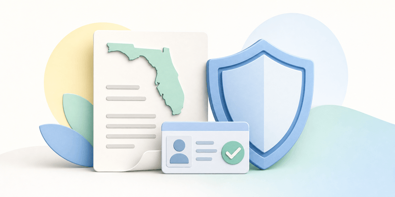 Florida legal document and verified ID card illustrating online age-verification requirements.