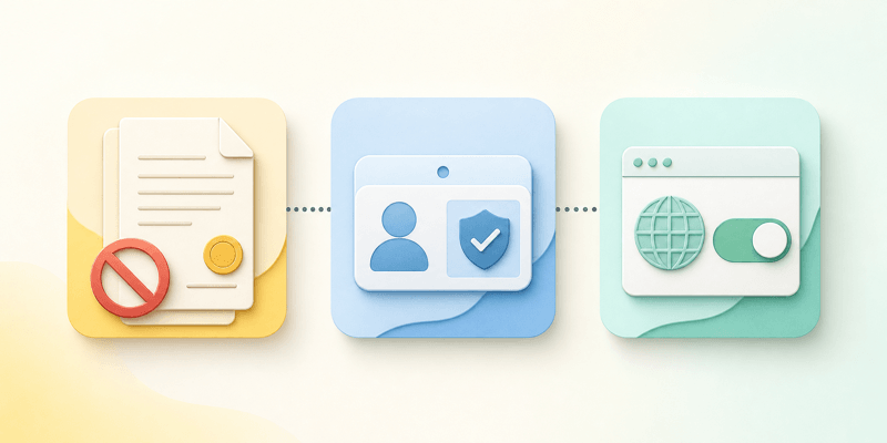 Three visual cards representing unlawful content restrictions, age verification, and a platform access decision.