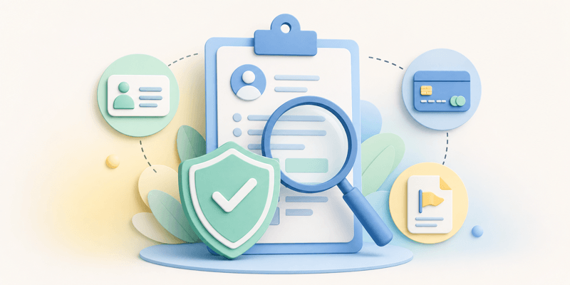 Privacy and safety audit with an operator card, payment security, reporting document, and protective shield.