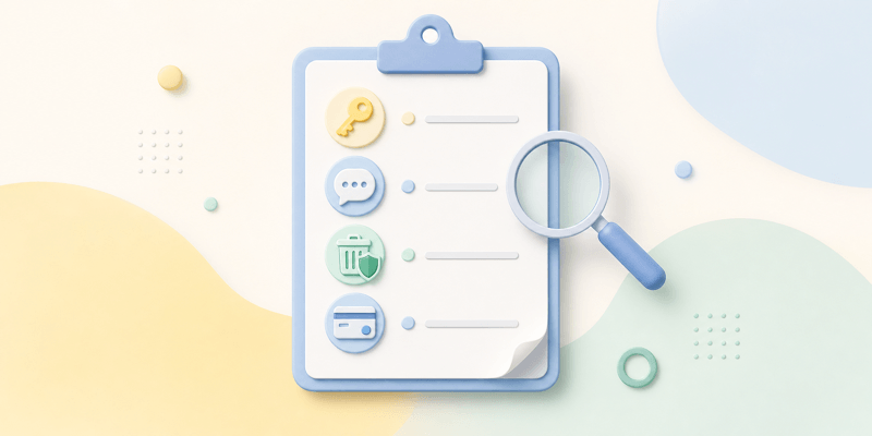 Privacy checklist with account, chat, deletion, and payment icons for comparing AI companion services.