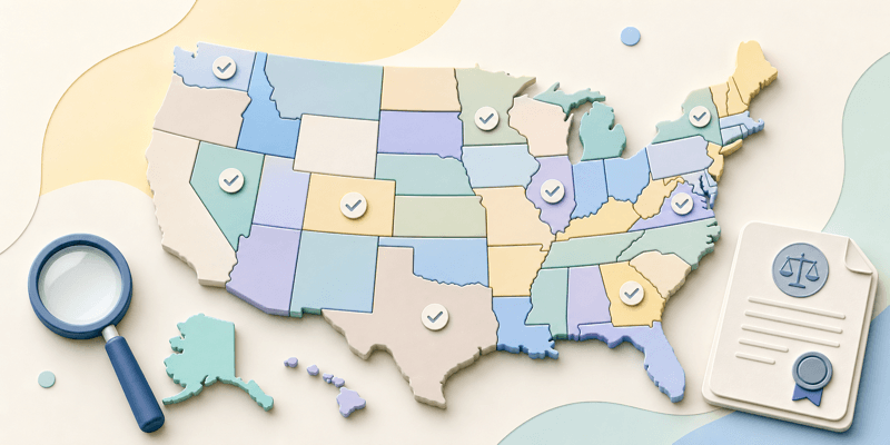 Illustrative U.S. state map with varied regions, checkmarks, a magnifying glass, and a legal document representing a changing legal patchwork.