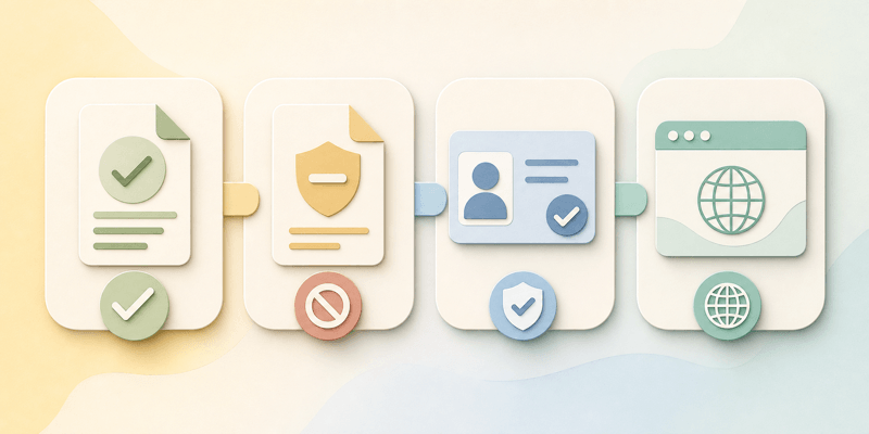 Four connected visual cards representing lawful expression, restricted material, age verification, and website access decisions.