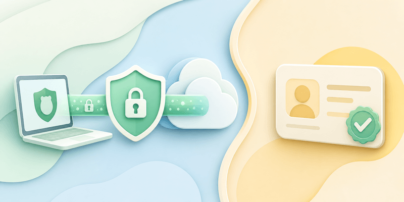 Encrypted VPN connection shown separately from a verified account card, illustrating network privacy and account data boundaries.