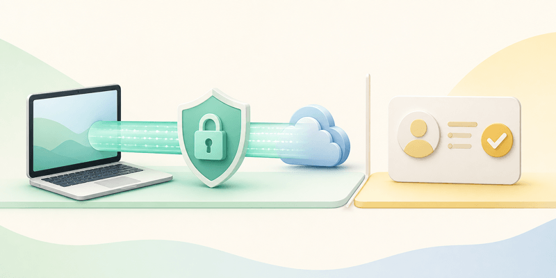 Secure VPN connection shown separately from a verified identity card, illustrating connection privacy and independent verification.