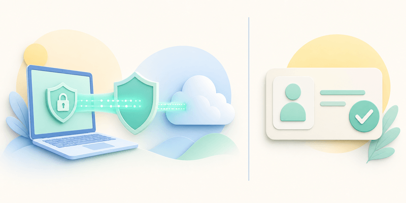 Encrypted VPN connection shown separately from a verified identity card, illustrating network privacy and independent age verification.